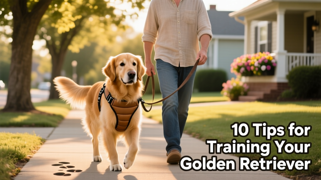 Golden Retriever wearing a comfortable, padded harness while walking calmly beside owner on a neighborhood sidewalk