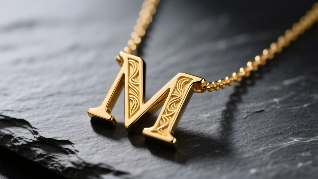 Close-up of a 14k solid yellow gold custom letter necklace spelling M resting on dark slate with soft directional lighting