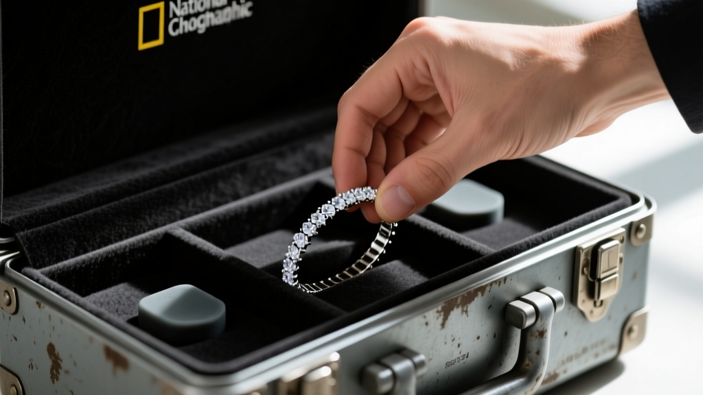 Hand placing a diamond tennis bracelet into a silicone-treated flannel slot inside a rugged industrial jewelry toolbox interior.