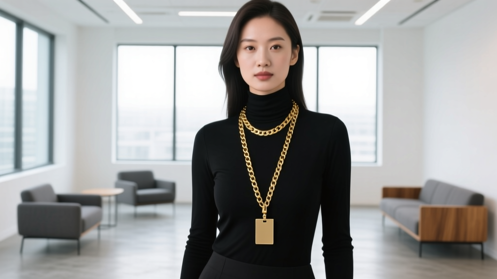 A woman wearing a gold chainmail badge holder necklace over a black turtleneck, posing in a bright, modern corporate design studio