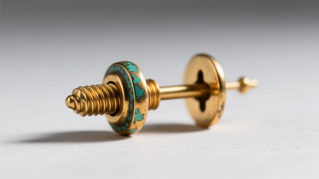 Detailed view of early 20th-century gold-filled screw-back earring findings, showing the threaded post and original metal patina.
