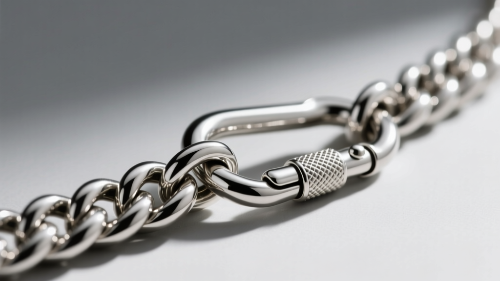 Macro shot of a thick sterling silver wheat chain attached to a locking carabiner clasp, showing the intricate woven metal links.