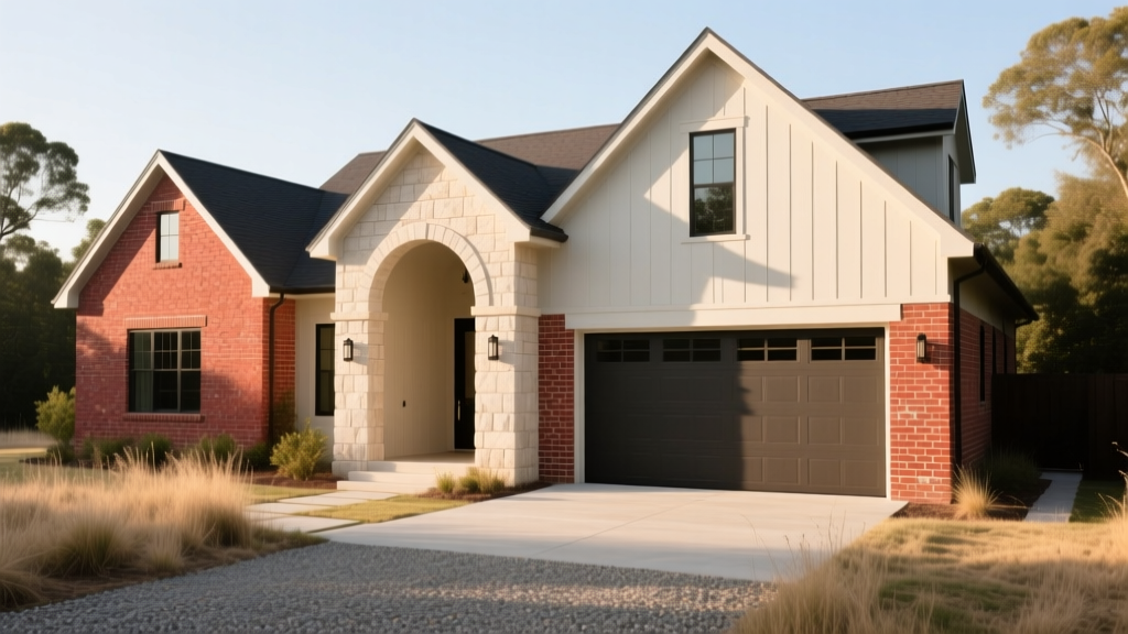 Modern farmhouse exterior blending weathered red brick and light limestone veneer accents around the entryway and garage columns.