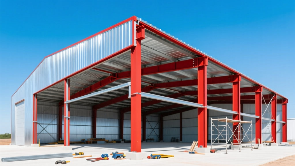 Wide shot of a partially assembled pre-engineered steel warehouse building with red iron framing and galvanized roof panels under a clear sky