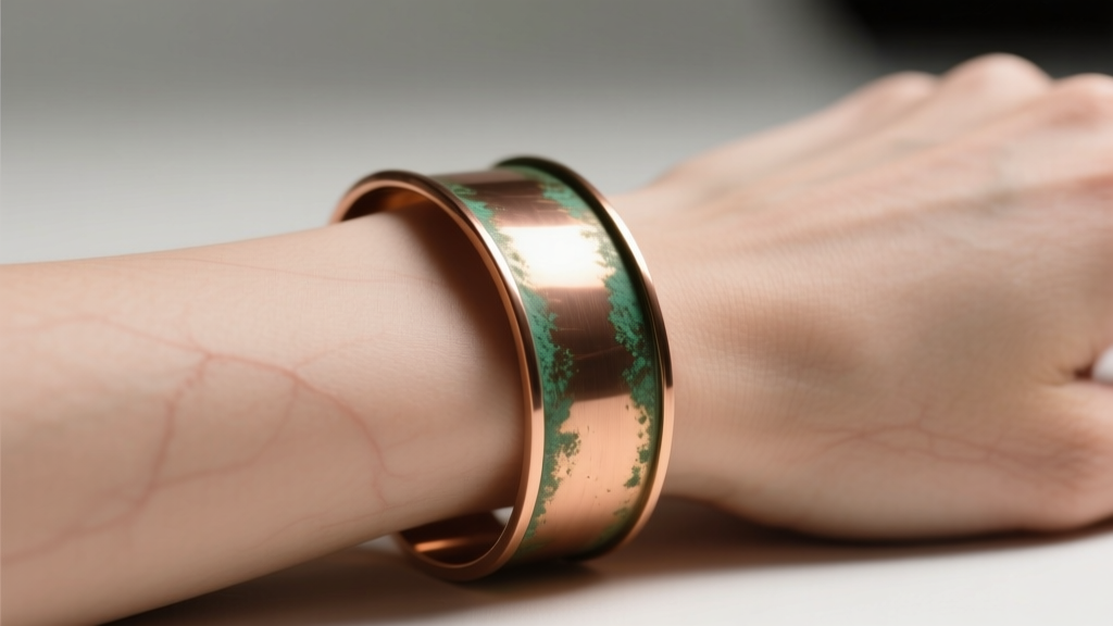 Close-up of a polished copper cuff on fair skin, showing a slight green tint where the metal touches the wrist in soft light
