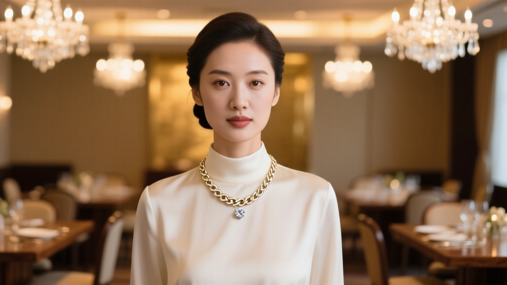 Elegant woman wearing a 1.2mm 14k white gold wheat chain necklace with a diamond pendant at a softly lit graduation dinner.