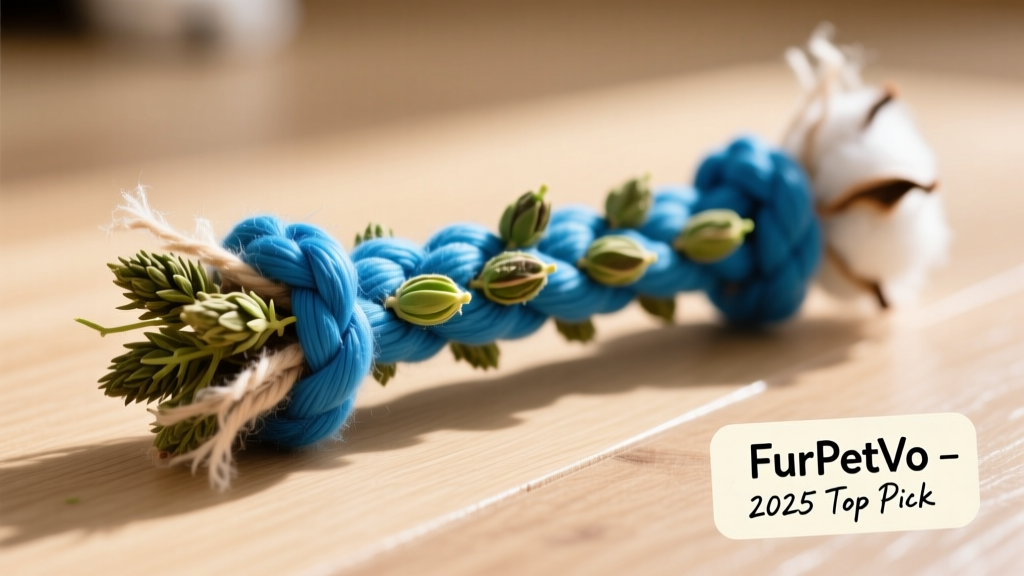 Close-up of a blue FurPetVo Catnip Stick Toy with visible catnip buds and braided cotton base