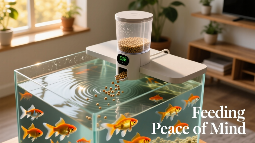 Top-down view of a modern automatic fish feeder mounted on an aquarium lid, dispensing pellets into clear water with healthy fish swimming nearby