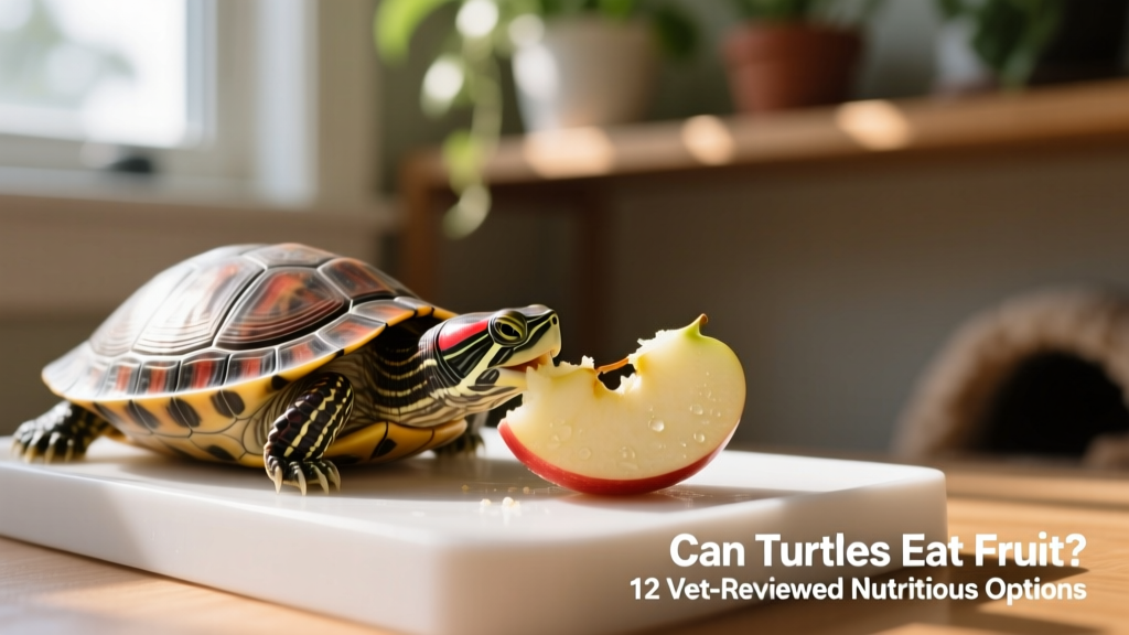 A red-eared slider turtle gently nibbling a small slice of apple on a clean feeding platform