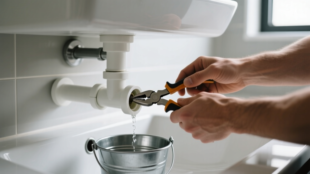 Hands using pliers to unscrew a white PVC P-trap pipe under a bathroom vanity sink, with a small bucket placed directly below it.