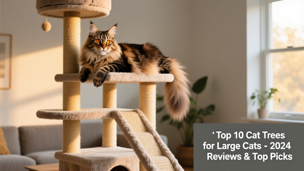 A large Maine Coon lounging confidently on a tall, multi-level FurPetVo cat tree with sisal-wrapped posts and plush perches