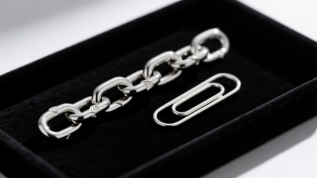 Hollow fast-fashion chain link next to a solid sterling silver paperclip link resting on a dark velvet jewelry display tray.