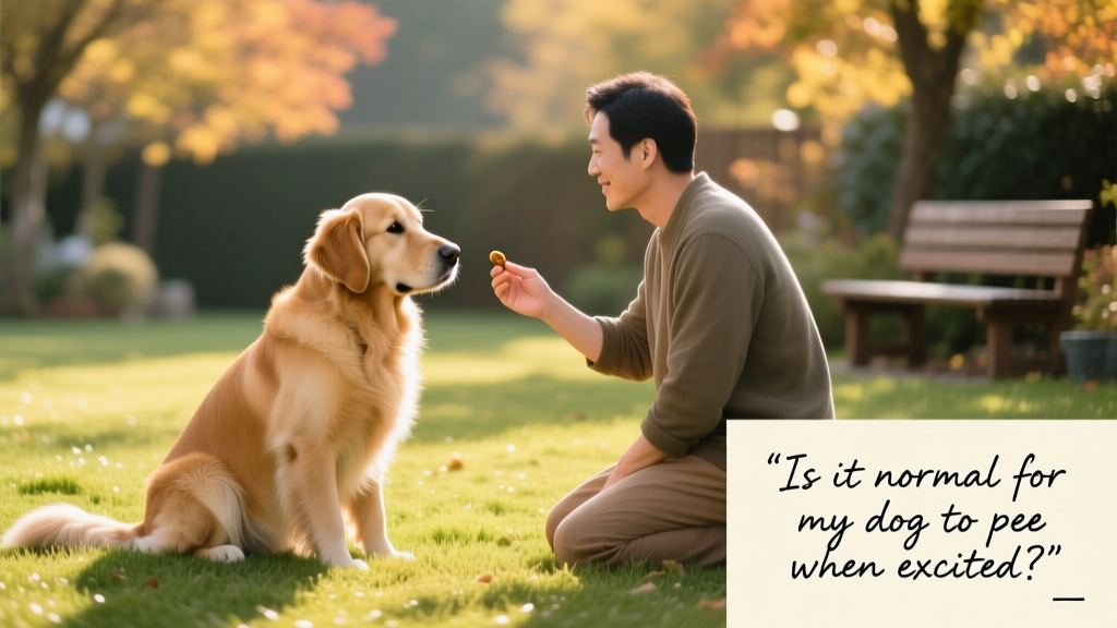 A calm dog sitting politely beside its owner while a visitor kneels at a relaxed distance, with a treat held gently in hand