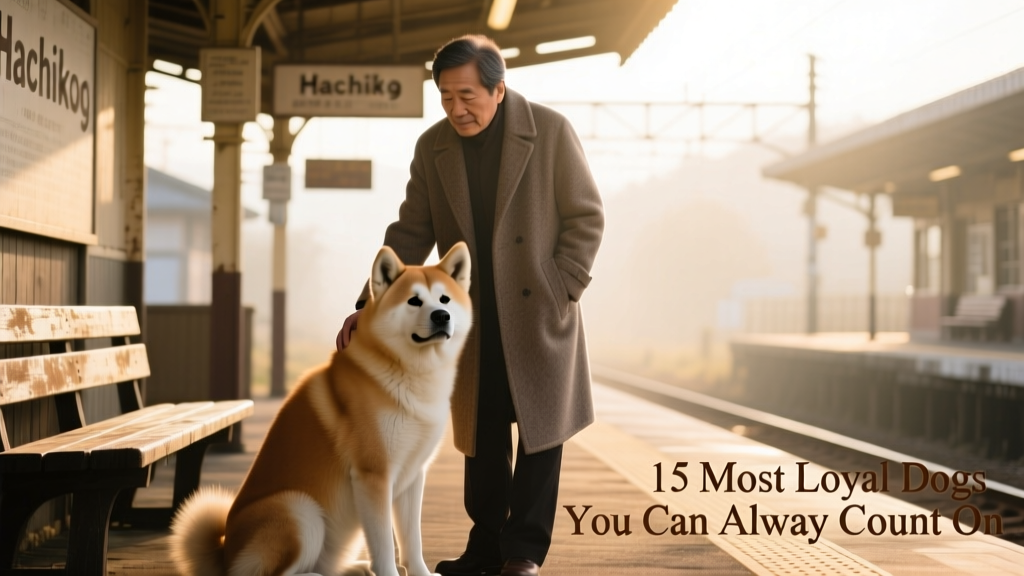 An Akita sitting calmly beside its owner at a quiet train station, evoking the story of Hachikō