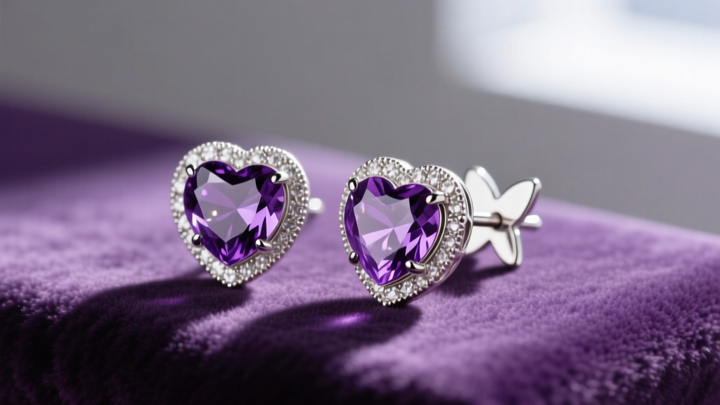 Macro shot of 925 silver amethyst heart stud earrings on lavender velvet, highlighting the bezel setting and post.