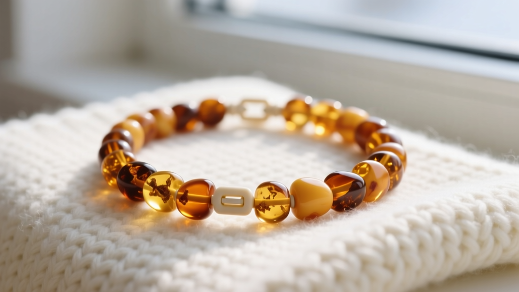 Baltic amber baby teething necklace with cognac beads and a plastic safety clasp resting gently on a soft, white knit blanket.
