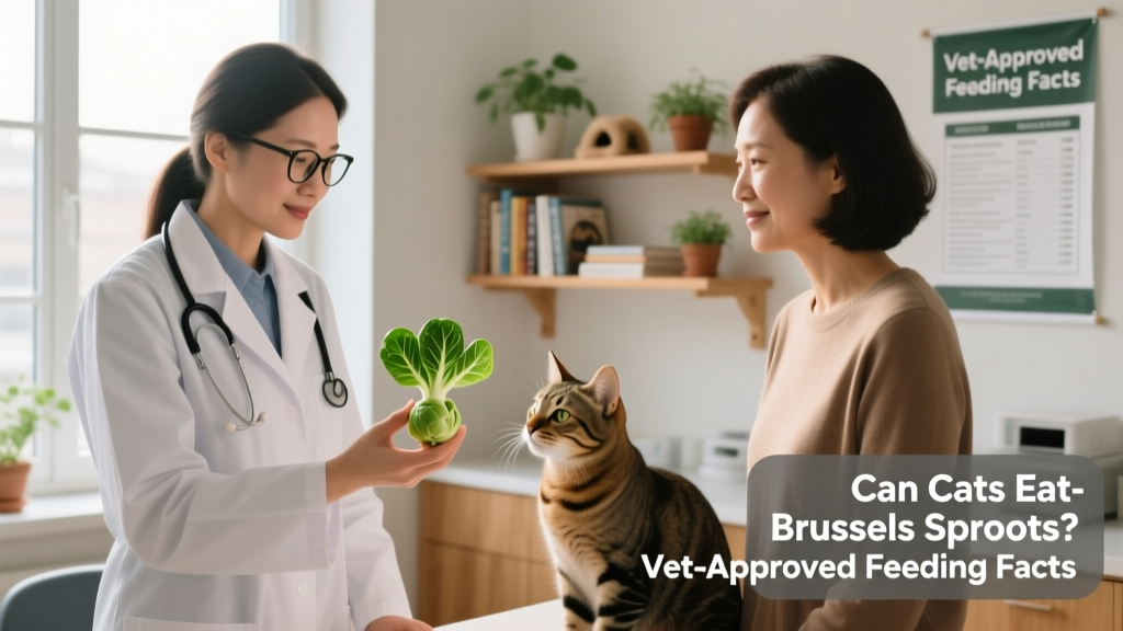 A veterinarian holding a small steamed Brussels sprout while gently explaining something to a cat owner