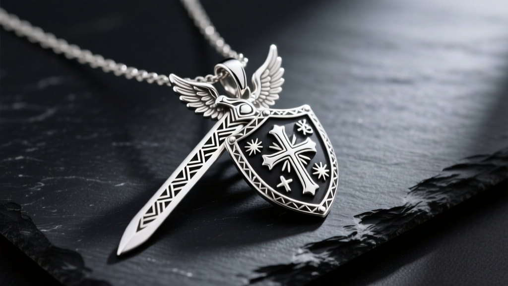 Polished sterling silver Michael the Archangel necklace on dark slate, highlighting intricate sword and shield details