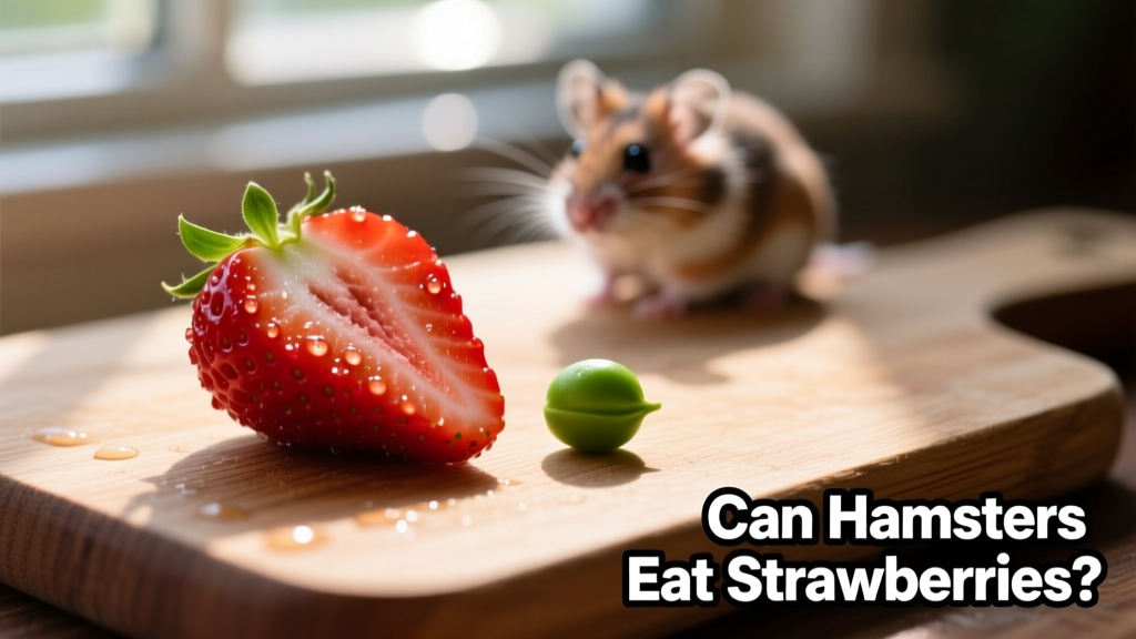 Close-up of a washed, halved strawberry next to a pea for size comparison—showing appropriate portion for a hamster