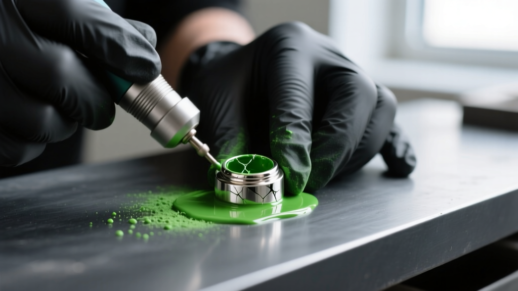 Gloved hands applying green polishing compound to a scratched stainless steel signet ring using a rotary tool on a dark workbench