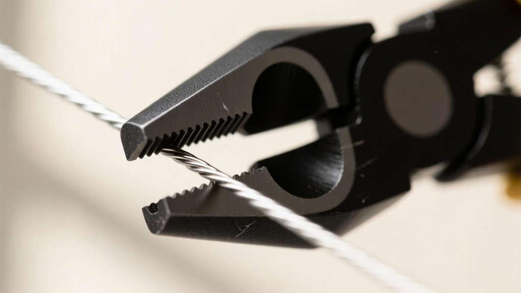 Close-up macro shot of flat nylon-jaw pliers gripping a 20-gauge sterling silver wire without leaving scratches or marks