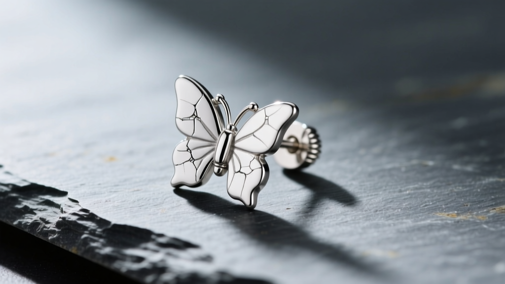 Close-up of a sterling silver butterfly earring back on slate, showing the worn spring tension mechanism and fine metal scratches.