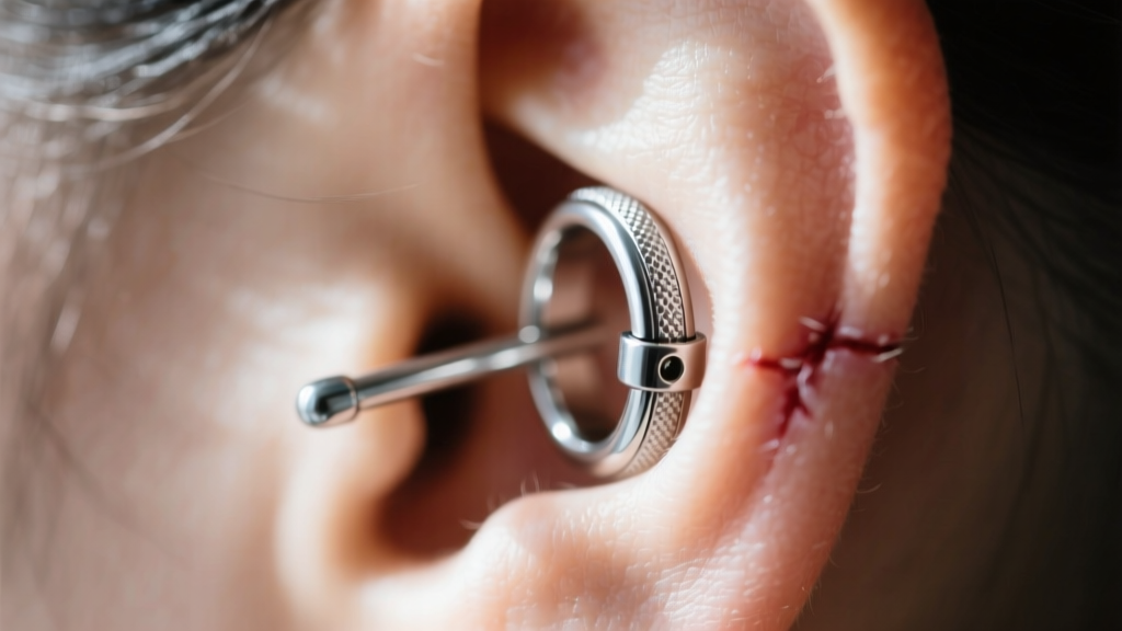 Macro shot of an ASTM F-136 titanium 16-gauge clicker ring in a healed helix piercing, highlighting the seamless hinge mechanism.