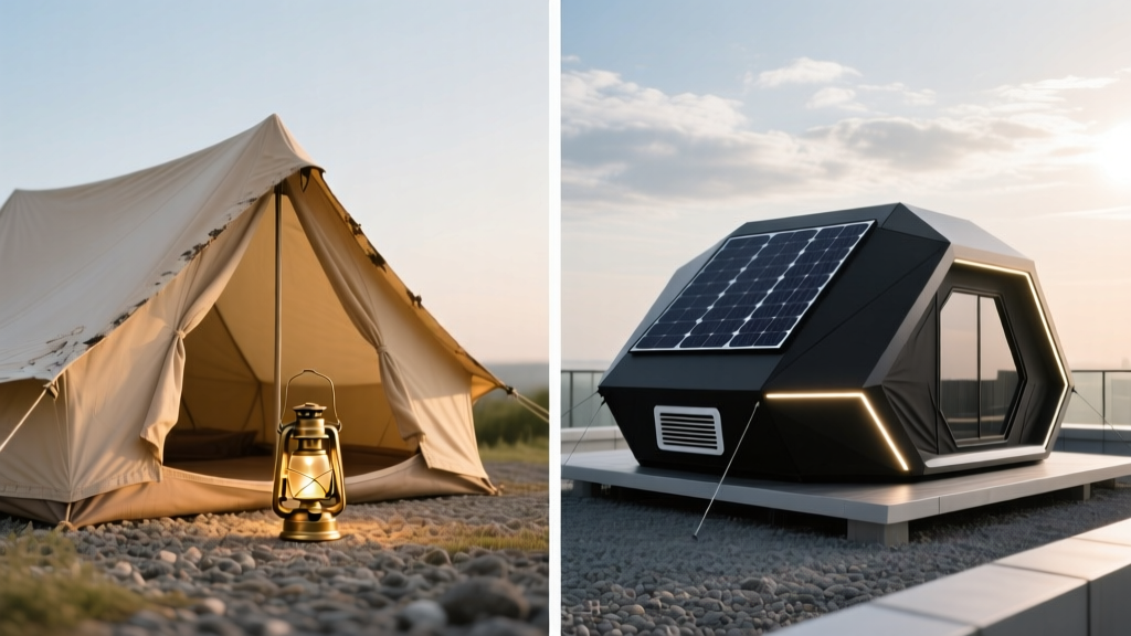 Split-screen showing a basic canvas tent with a lantern on the left and a high-tech rooftop tent with solar panels on the right
