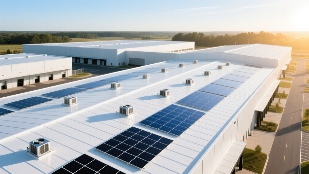 Aerial view of a large warehouse complex featuring white TPO single-ply membrane roofing with visible HVAC units and solar panel arrays