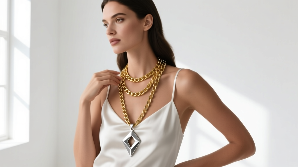 Model layering a 16-inch gold chain with a 22-inch silver edgy pendant over a white silk camisole in bright natural window light.