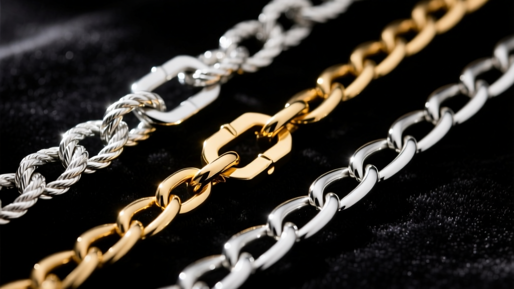 Macro shot of three chain links on dark velvet: a twisted rope chain, a flat Cuban link, and a classic Figaro chain, sharp focus