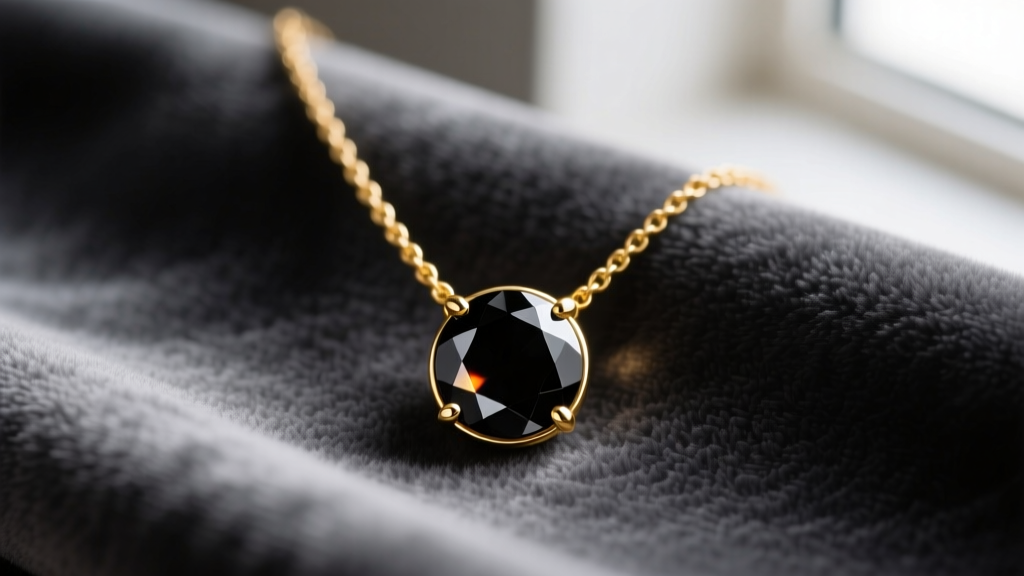 Close-up of a sparkling 18k yellow gold necklace featuring a round-cut black diamond pendant resting on dark grey velvet fabric.