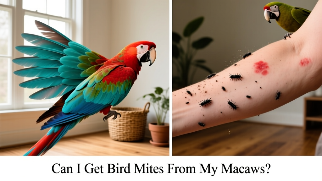 Side-by-side comparison: clean, mite-free macaw feathers vs. irritated skin with visible mite debris