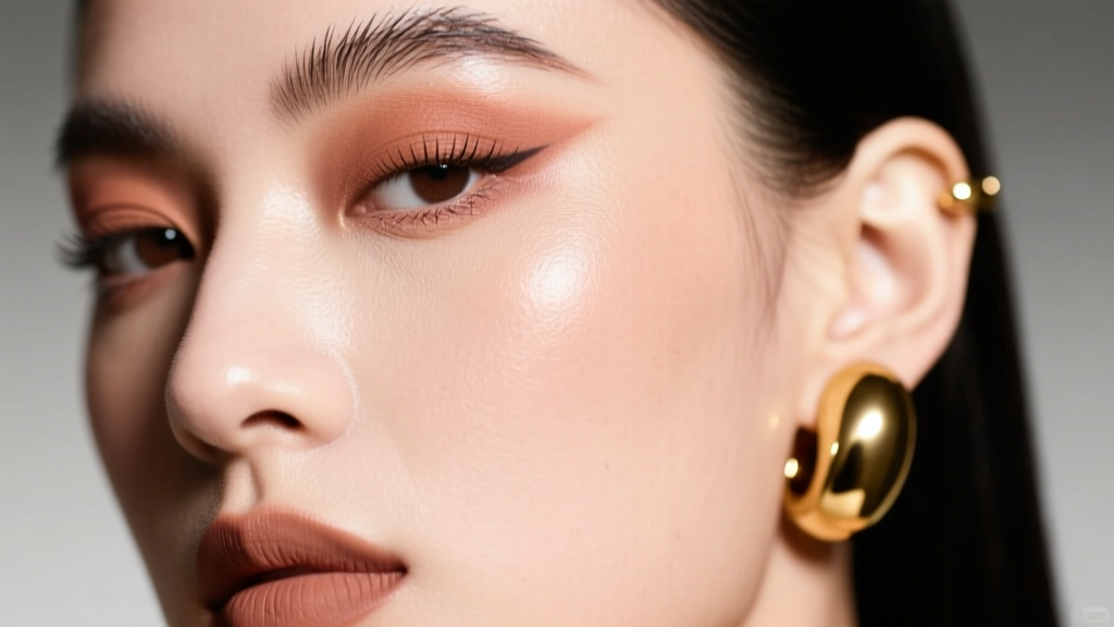 Close-up of a model showing a high-polish 18k gold ear cuff contrasting with matte terracotta eyeshadow and a satin skin finish