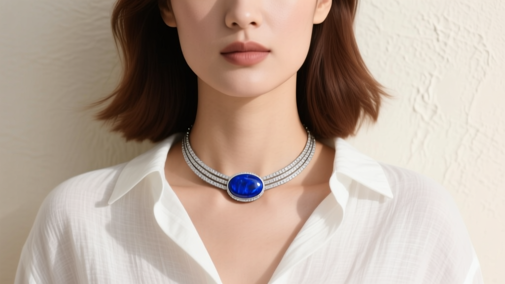 Woman wearing a 16-inch sterling silver lapis stone necklace choker with an oval bezel-set cabochon against a white linen shirt