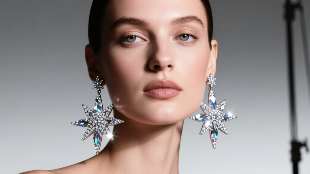 Model wearing ornate silver starburst glinda earrings with pavé crystals, soft theatrical lighting highlighting the facets