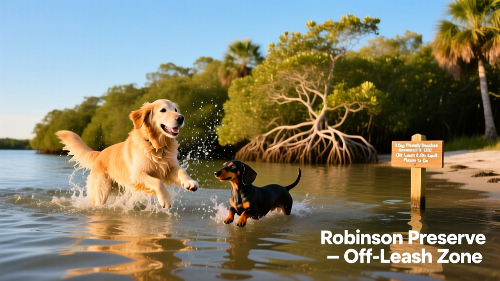 Two dogs playing together in shallow water at Robinson Preserve’s off-leash dog beach, with mangroves and clear sky visible