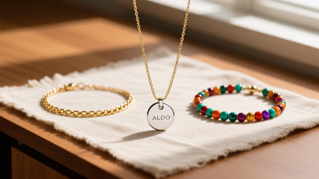 Three Aldo necklaces on linen: a gold chain, silver pendant, and beaded choker, softly lit by natural window light on a wood desk