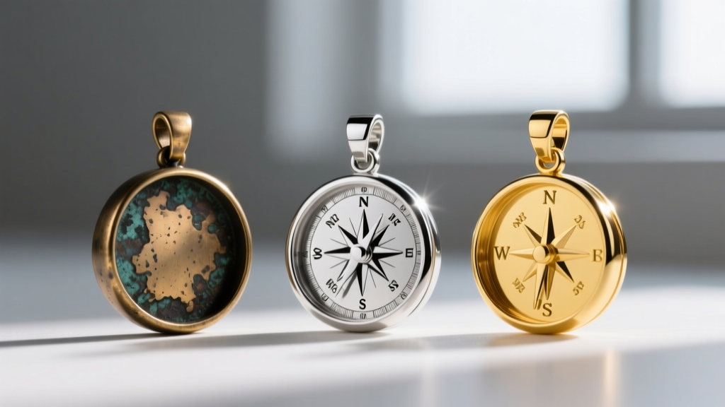 Macro shot of three compass pendants side-by-side: oxidized brass, rhodium-plated sterling silver, and polished 18k yellow gold.