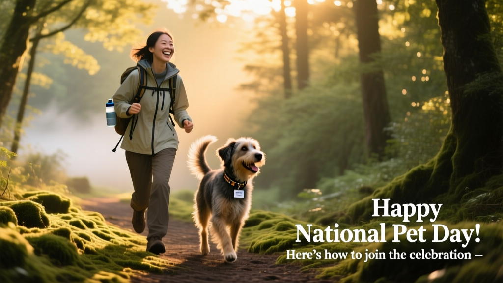 A person and their dog hiking a sun-dappled forest trail, both smiling, with backpack and water bottle visible