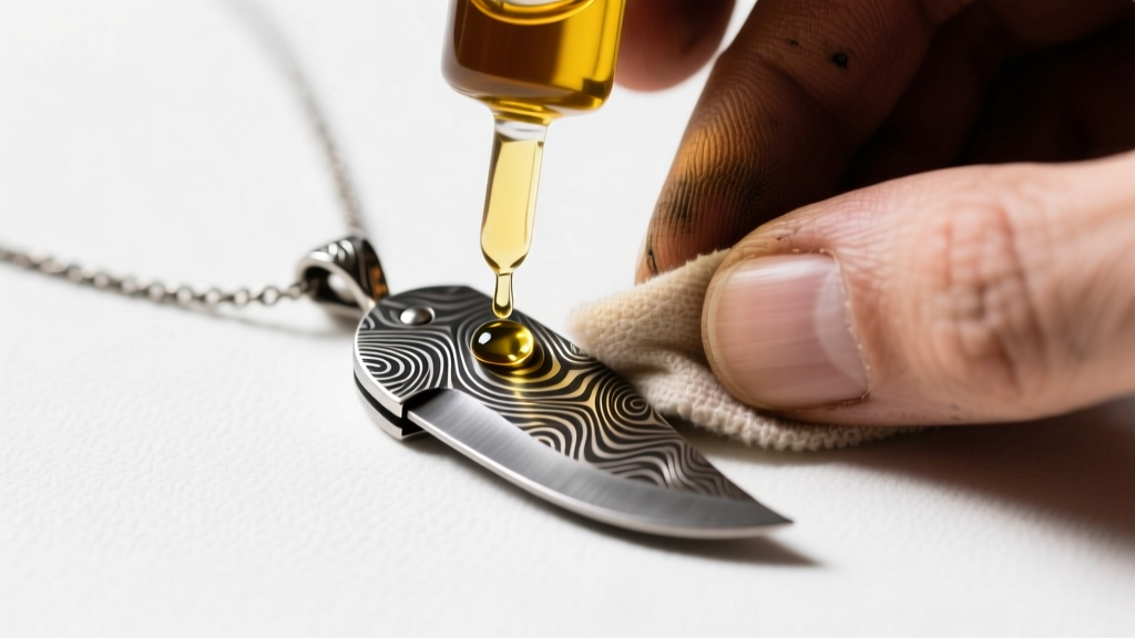 Hands applying a drop of mineral oil to a pattern-welded Damascus steel push knife necklace pendant using a soft microfiber cloth.