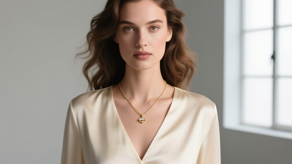 Model wearing a layered Francesca necklace over a cream silk V-neck blouse, with the pendant resting perfectly at the collarbone