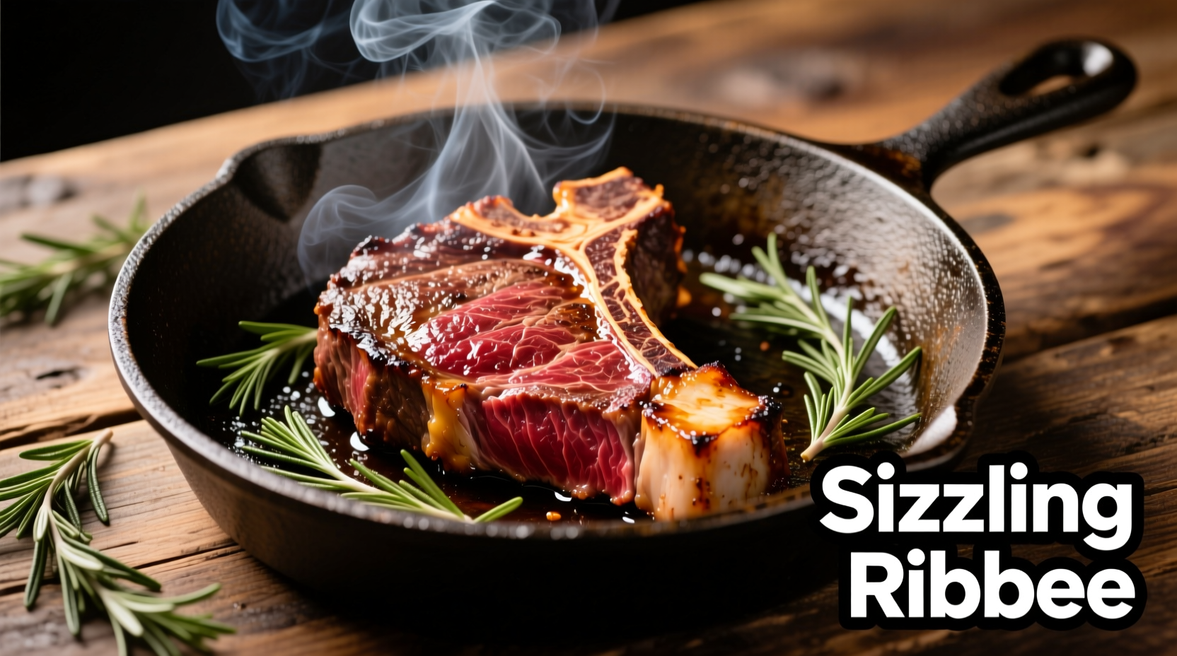 Sizzling bone-in ribeye steak in cast iron skillet with rosemary