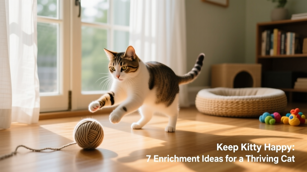 Cat batting a small ball on the floor near a sunny window