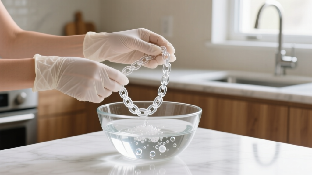 Hands wearing nitrile gloves gently washing a clear polyurethane chain necklace in a glass bowl of distilled water and mild soap.