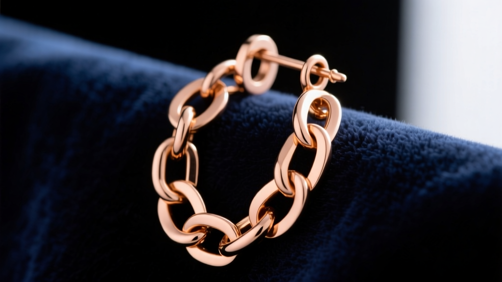 Macro shot of 14k rose gold rolo chain dangle earring on dark velvet, showing interlocking circular links and a secure jump ring.