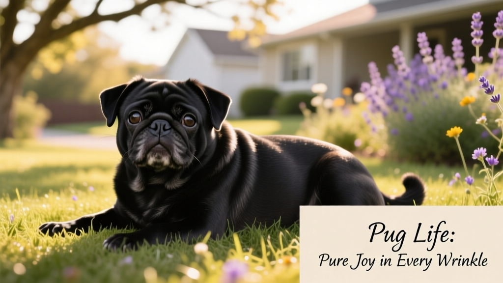 black pug lying on the grass
