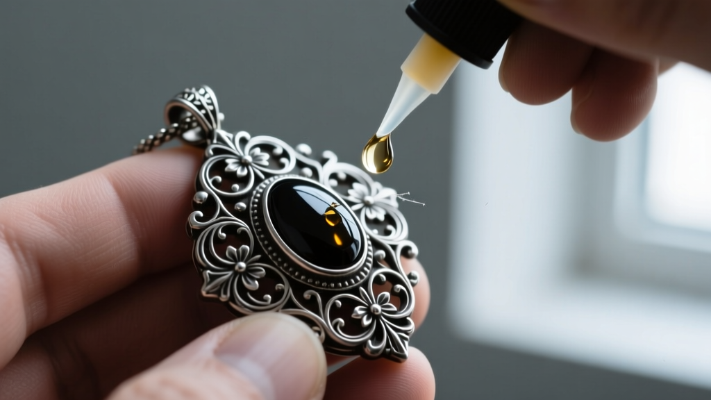 Hand applying acid test solution to a discreet scratch on a dark gothic silver pendant to verify precious metal purity and grade.