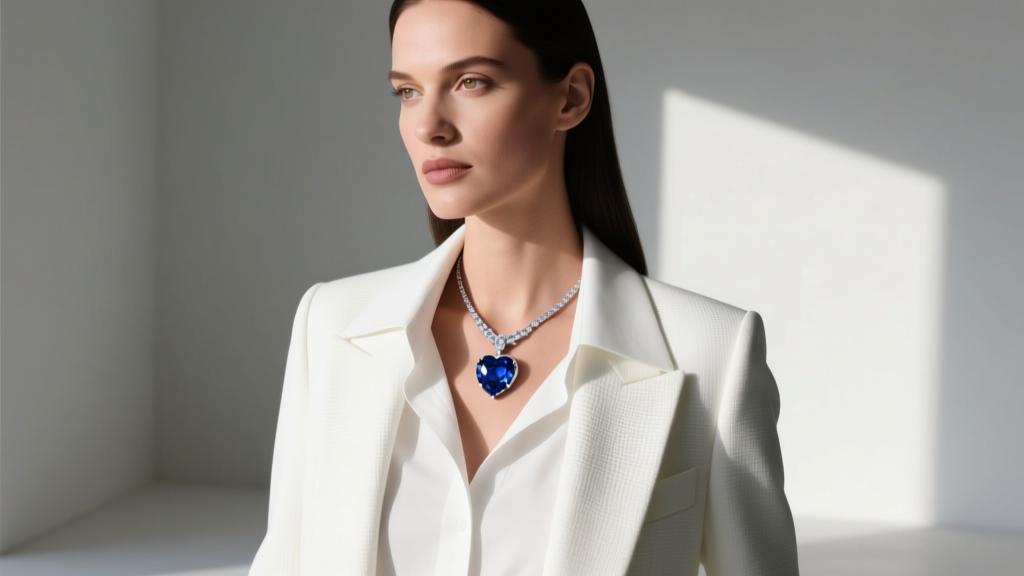 Editorial shot of a woman in a white shirt and blazer, wearing a delicate platinum Titanic-style sapphire heart pendant necklace.
