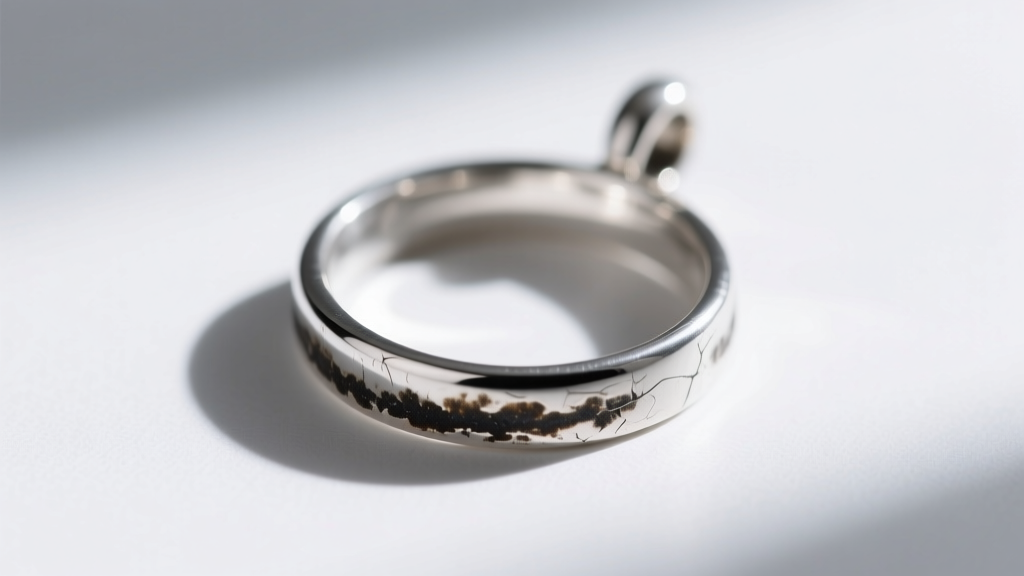 Sterling silver circle pendant showing dark tarnish along the lower edge from skin friction, resting on a plain white backdrop.